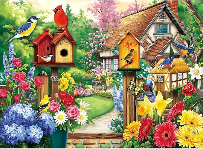 300 Piece Puzzles for Adults, Garden Birds Birdhouse Village Puzzle for Adults Kids Seniors,Large Piece Funny Puzzle for Kids Ages 8-10 10-12,Flowers House Puzzles Perfect for Game Nights,20.5x15 in