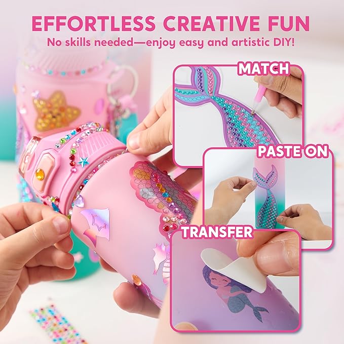 Klever Kits Decorate Your Own Water Bottle Kits for Girls Age 6+, Mermaid DIY Gem Diamond Painting Crafts, Girl Birthday Gift Arts and Crafts Fun Arts for Girls Birthday Christmas