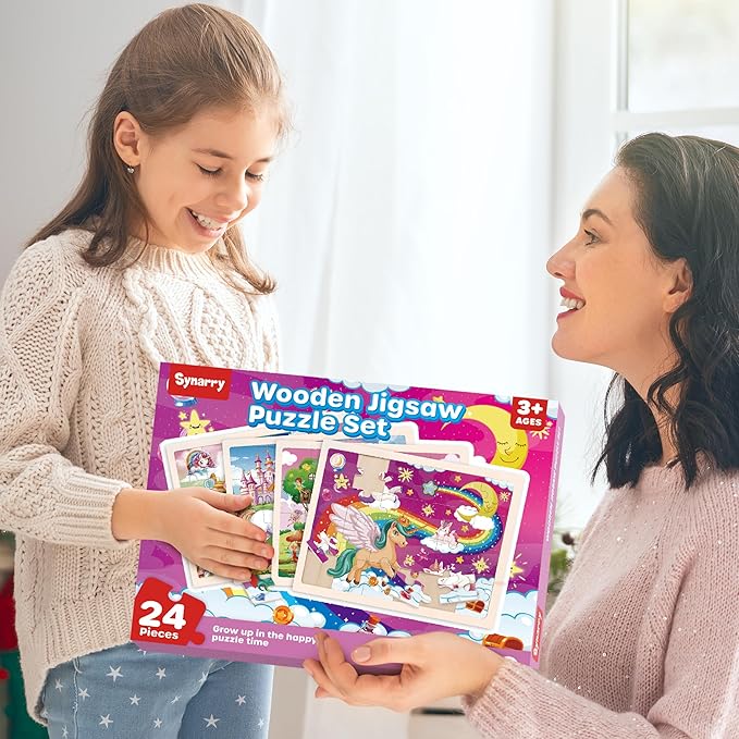 SYNARRY Large Unicorn Princess Fairy Wooden Puzzles for Girls Gift Box(12.2*9.4 in) - FSC Certified, 24 Pcs Puzzles for Kids Ages 4-6, Puzzles for Toddlers 3-5, Unicorn Toys Gifts for 3 4 5 Year Old