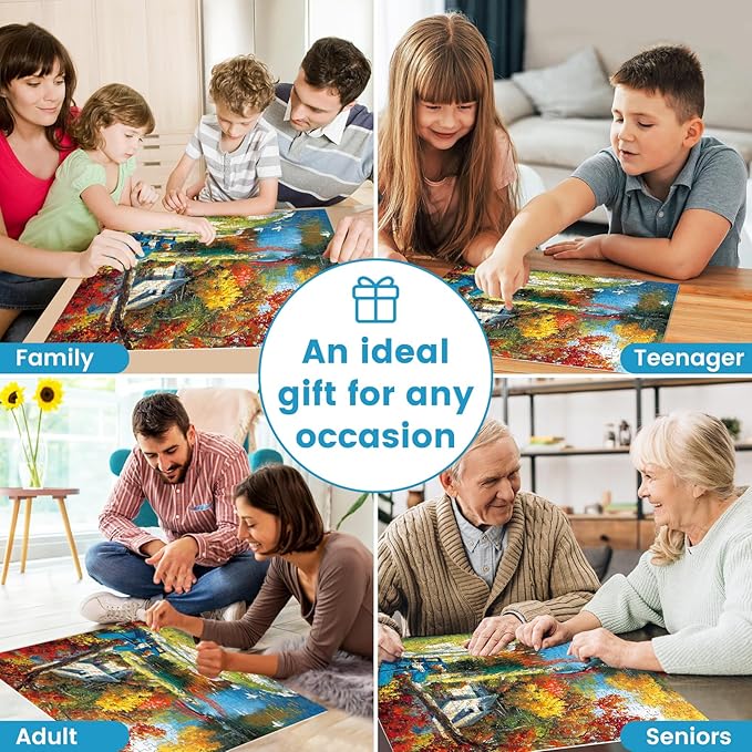 300 Piece Puzzle for Adults, Autumn Lakeside Cabin Jigsaw Puzzle with Dogs and Colorful Trees, Fall Season Cozy Retreat 300 Piece Puzzle, Relaxing Home Decor Gift for Adults, Kids, Seniors, 20.5×15 in