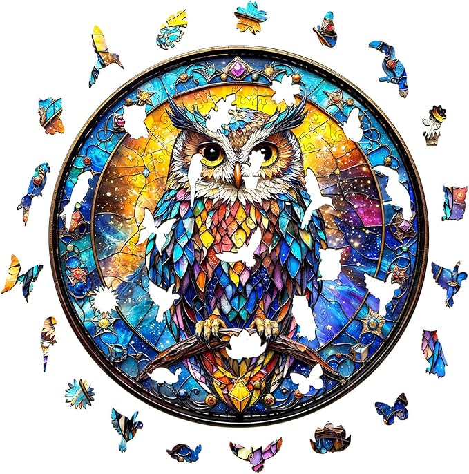 Wooden Puzzles for Adults - Stained Glass Owl Wood Puzzles Adult - Unique Animal Shape Wooden Jigsaw Puzzles for Adults - Birthday Gifts for Puzzle Lovers, Family (11.4 * 11.3in)