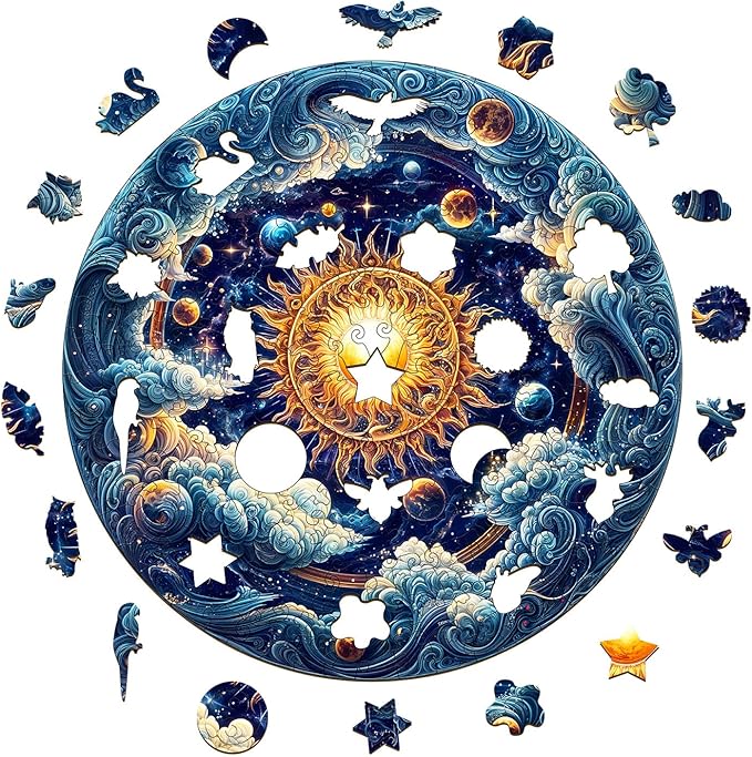 KAAYEE Wooden Puzzles for Adults, 3D Visual Effect Cosmic Radiance Wooden Jigsaw Puzzle Unique Shape Wood Puzzle Adult, 3D Effect Flat Puzzle Birthday Family Game (M-11.4 * 11.4 in-200pcs)