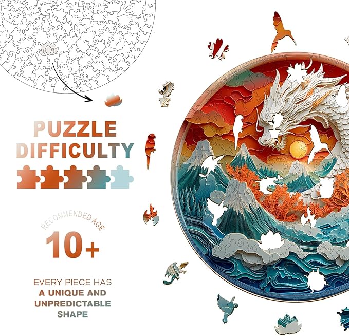 Wooden Jigsaw Puzzles, Colorful Dragon Wooden Puzzles for Adults with Unique Shape, Adult Jigsaw Puzzle, Birthday Gifts for Adults, 13.4"x13.4"-300pcs