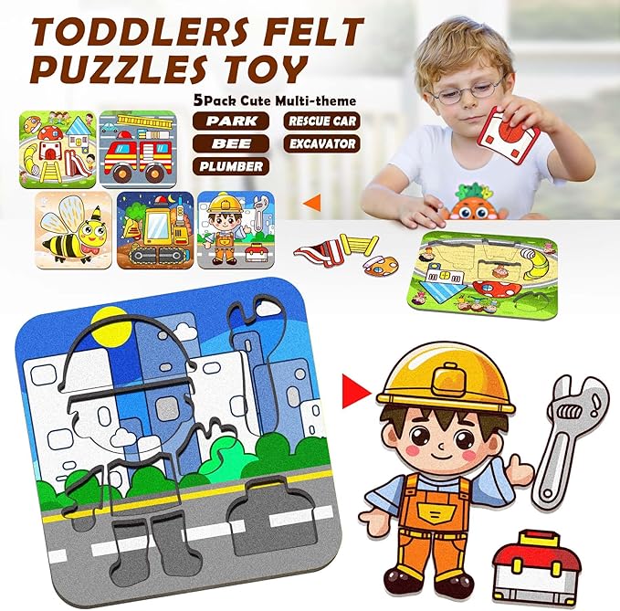 5 Sets Felt Puzzles for Toddlers 1-3,Toddlers 2-4,Felt Puzzles Educational Montessori Toys Gifts for 1 2 3 Year Old Kids Learning Toy Travel Game Gift for Boys Girls