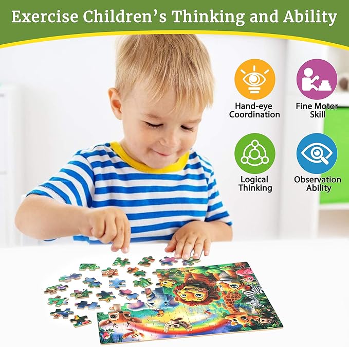 Jungle Animals Puzzles for Kids Ages 4-8, 100 Pieces Jigsaw Puzzles for Kids Ages 3-5 Puzzle for Girls and Boys Learning Educational Puzzles Toys in a Metal Box ﻿