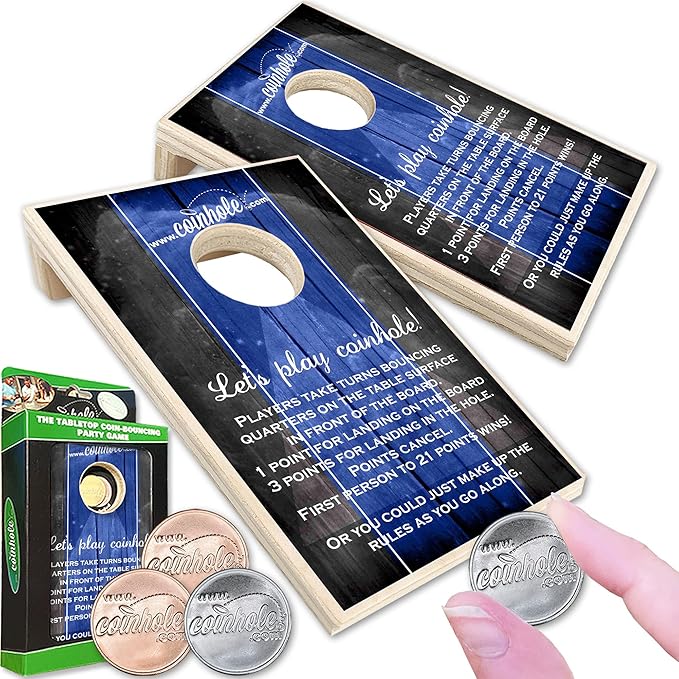 Coinhole Desktop Coin Bouncing Party Game Set | Tabletop Cornhole Board Game | Small Cornhole Travel Game Includes Coins