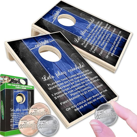 Coinhole Desktop Coin Bouncing Party Game Set | Tabletop Cornhole Board Game | Small Cornhole Travel Game Includes Coins