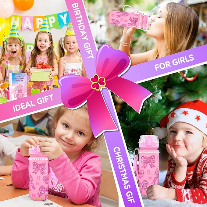 ASIOWELY Decorate Your Own Water Bottle Kits for Girls Age 4-6-8-10, Pink Bow Pattern Diamond Painting Art and Crafts for Boys Age 4-12, Fun Gifts Toys for Kids School Birthday Christmas