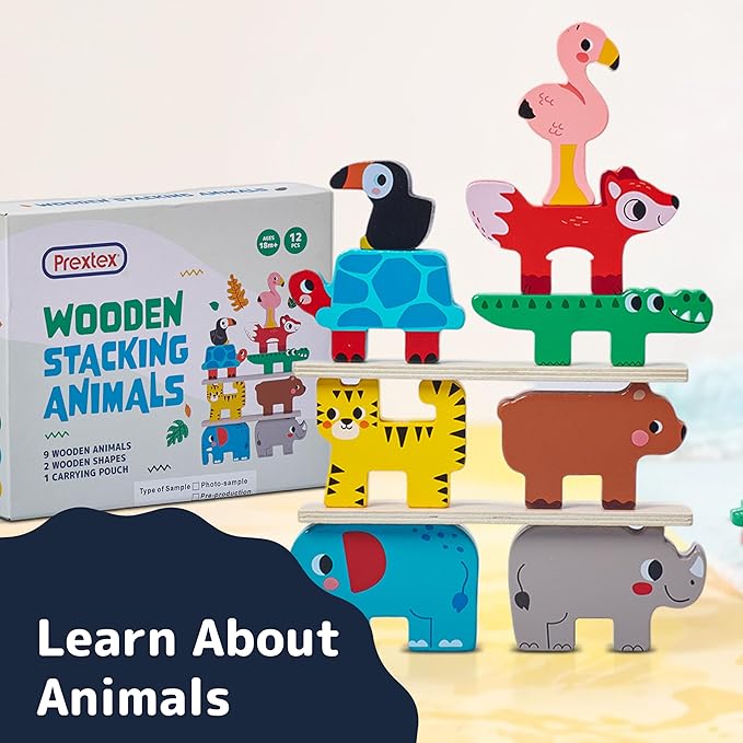 PREXTEX Wooden Stacking Toys - Montessori-Inspired Wooden Sorting Play Set - Educational Balance and Motor Skills Set, Colorful Zoo Animal with 9 Animals, 2 Boards, Carrying Pouch - Ages 18 Months+