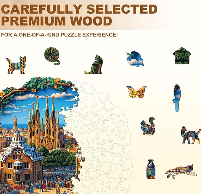 Jigfoxy Wooden Puzzles for Adults, Barcelona Plaza Wood Puzzles Adult, Unique Animal Shape Wooden Jigsaw Puzzles for Adults, Birthday Gifts for Puzzle Lovers, Family, Friend (M-11.4 * 11.4in-200pcs)