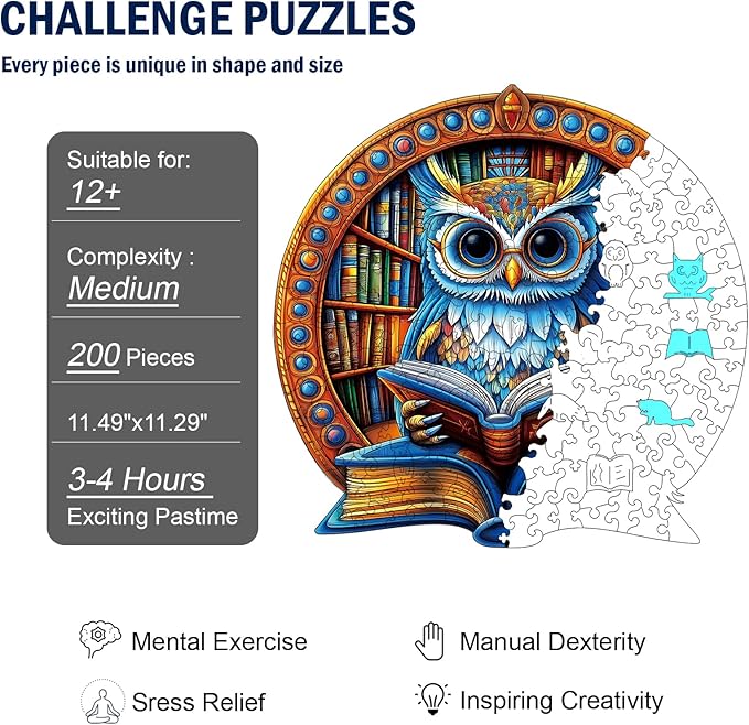 Wooden Jigsaw Puzzles for Adults, Book Owl Puzzle, 200 Pieces Unique Animal Shaped Wooden Puzzle, Fun Challenging Family Games for Kids and Teens, 11.49" x 11.29", Gift Box Included