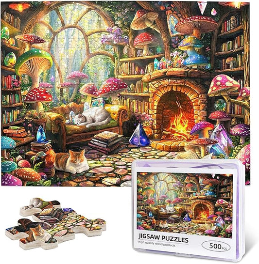 Mushroom Cottage Jigsaw Puzzles for Adults 500 Pieces Magical Forest Treehouse Scene Puzzles Challenging Puzzle Games for Night