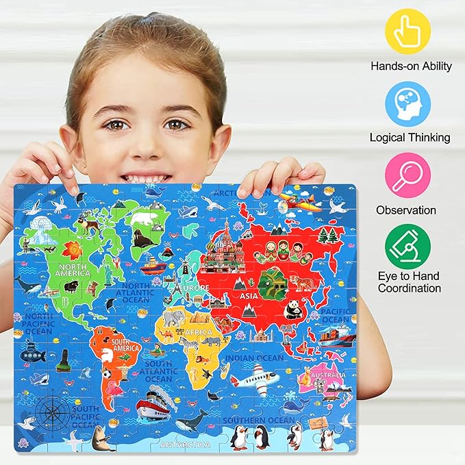 LELEMON World Map Puzzles for Kids Ages 4-8,100 Pieces World Sea Map Jigsaw Puzzles in a Metal Box,Fun World Map Learning Educational Toys for Boys Girls