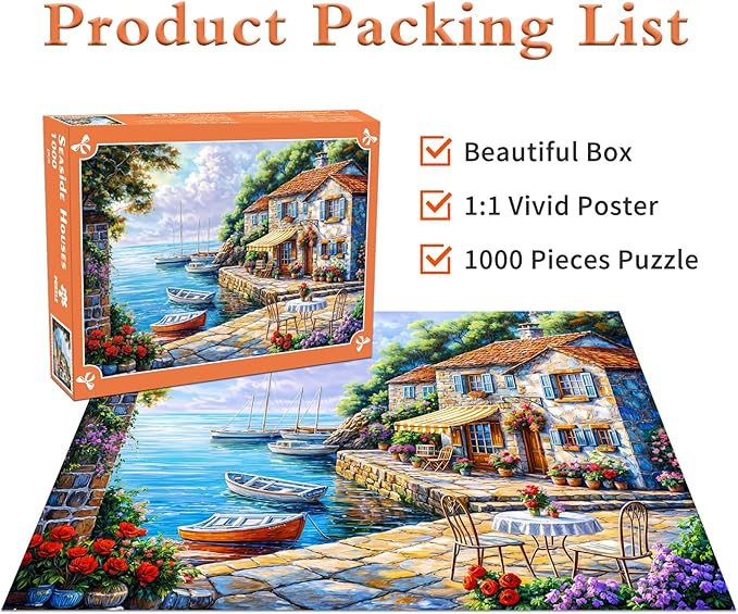 Seaside Houses Jigsaw Puzzles 1000 Pieces for Adults Coastal Cottage 1000 Piece Jigsaw Puzzles for Adults