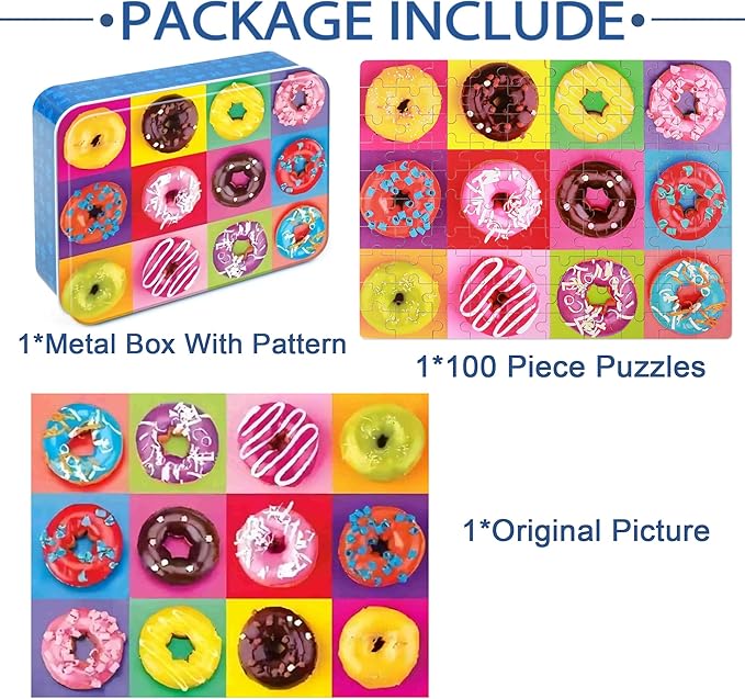 LELEMON Puzzles for Kids Ages 4-8,Donut Puzzle 100 Piece Puzzles for Kids Ages 4-6 in a Metal Box,Educational Jigsaw Puzzles 100 Piece Puzzle Games Toys for Girls and Boys