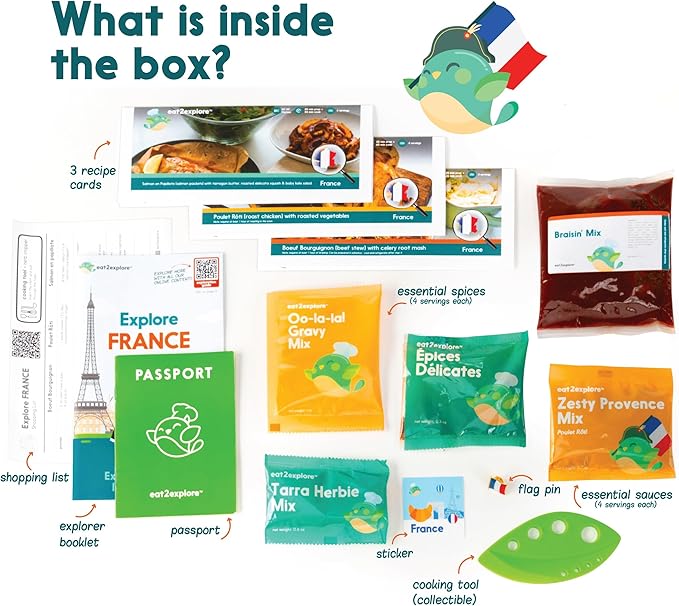 eat2explore Cooking Kits for Kids - Interactive & Educational Set with 3 Recipe Cards, Key Ingredients & Cooking Tools - Ideal Idea for Kids who Love to Create Meals (France Edition)