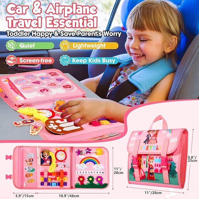 FREYBLI Toddler Busy Board, Montessori Toys for Girl Birthday Gift, Educational Quiet Activity Busy Book for Toddlers, Travel Toys for Airplane Car