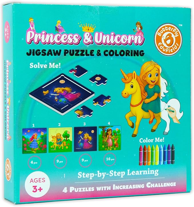 Butterfly EduFields 4-in-1 Princess ‍ & Unicorn Jigsaw Puzzles for Girls | 38 Pcs Puzzle Toy for Kids Age 3 4 5 6 7 Years | Preschool Learning with Coloring Sheets | Birthday Gift for Girls