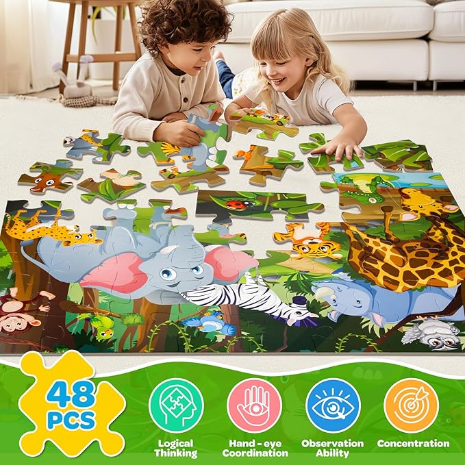 Animals Floor Puzzle for Kids - 48 Pieces Large Animals Jigsaw Puzzles for Kids 3-5 Year Old, Toddler Learning Preschool Educational Toys 12 Month+, Perfect Birthday Christmas Gifts for Boys Girls