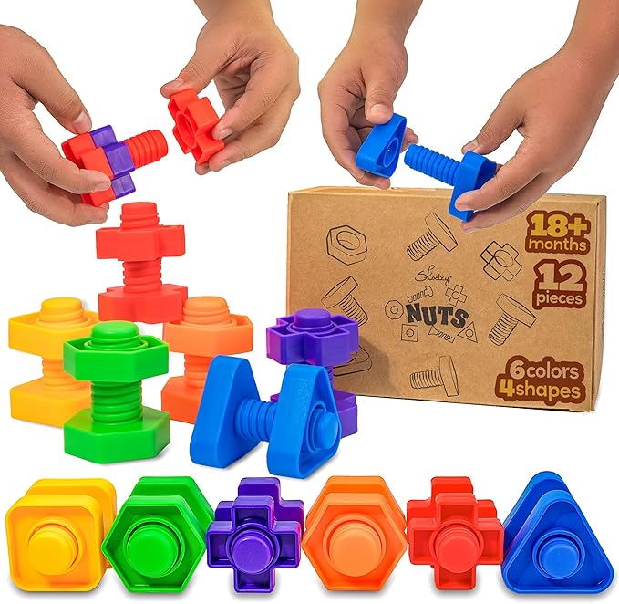 Skoolzy 12 Pc Jumbo Nuts and Bolts - Montessori Set for 18 Month+ Kids – Travel & Motor Skills Development