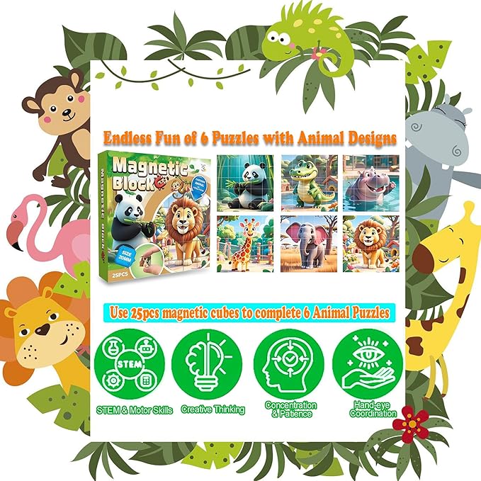Magnetic Blocks Building Toy,Ritastar 25pcs Mine Stacking Magnet Build Cubes Cartoon Pattern World,STEM Sensory Construction Toys for Kids Gift,Educational Jigsaw Puzzle Set with 3D Zoo Animal Designs