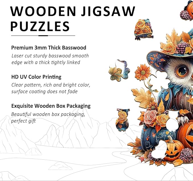 Wooden Puzzles for Adults - 92 Pieces Halloween Owl Wooden Jigsaw Puzzle - Unique Animals Shape Wood Cut Puzzles - Eco-Friendly Home Office Decor (S-8.4 * 7.4in)
