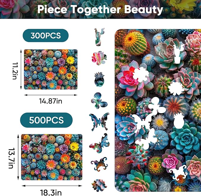 Puzzles for Adults Cactus World Wooden Puzzles, 300 Pieces Unique Shaped Succulent Jigsaw Puzzles, Birthday for Adults and Kids, Fun Family Game 14.9'' x 11.2'' Medium Size