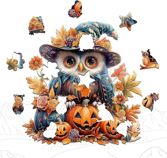 Wooden Puzzles for Adults - 92 Pieces Halloween Owl Wooden Jigsaw Puzzle - Unique Animals Shape Wood Cut Puzzles - Eco-Friendly Home Office Decor (S-8.4 * 7.4in)