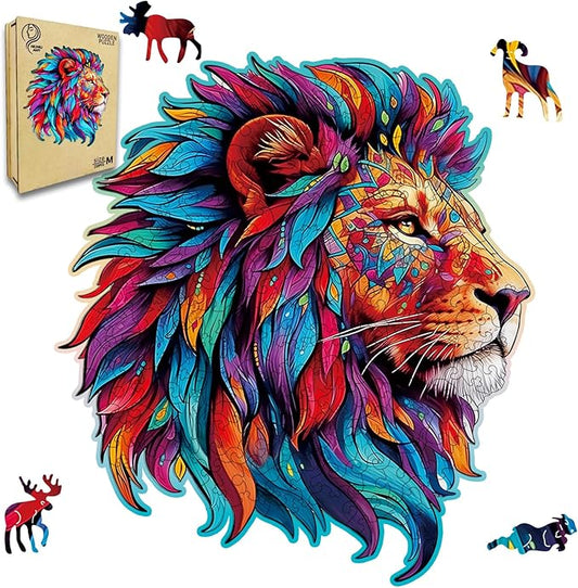 Wooden Puzzle for Adults,Lion Jigsaw Puzzles 200 Piece,Thanksgiving Birthday Gifts Family Game,Unique Shape Puzzles Challenge 11 x 11 Inch