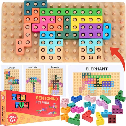 Zen Fun Montessori Animal Block Puzzle for Spatial Intelligence, Montessori Puzzle for Kids 4+, Wooden peg Puzzles Pentomino Peg Puzzle with 60 Different Design Cards to Recreate!