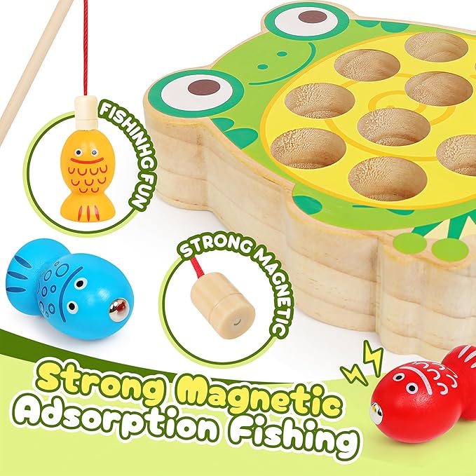 Wooden Fishing Games for Kids 3-5,Montessori Magnetic Toys Early Fine Motor Skills Learning Color Sorting & Hand-Eye Coordination Magnet Game Easter Basket Stuffers for Toddlers Boys Grils
