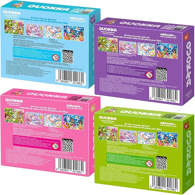 QUOKKA Puzzles for Kids Ages 4-6 - Set of 4x60 Jigsaw Puzzles for Toddlers 3-5 - Unicorn Princess Animals Toys for Children 6-8 yo - Gift Educational Game for Boys & Girls