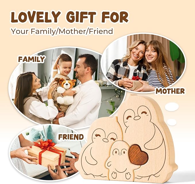 Wooden Penguin Family Puzzle Games, Personalized 3 Name Puzzle for Home Crafts Decor, House Warming Birthday Party Gifts for Mom Dad Grandma Kids New Baby, Wooden Penguin Family