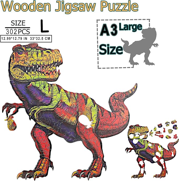 Wooden Jigsaw Puzzle for Adults,Tyrannosaurus rex Dinosaur Animals Shaped Magic Puzzle Pieces Best Gift for Adults,Can be Used as a Cool Mouse Pad,302pcs,(12.99 * 12.79 inches) New