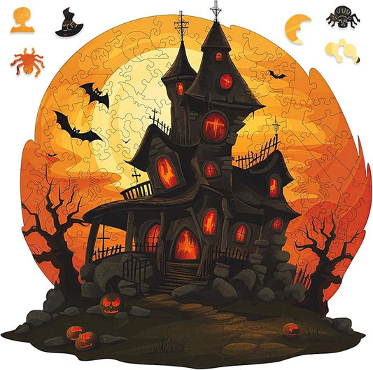 Ruikiyart Wooden Puzzles for Adults, 5MM 200 Pieces Halloween Castle Wooden Jigsaw Puzzles, Unique Shape Pieces Gift for Kids and Adults on Halloween (11.3"x11.2")