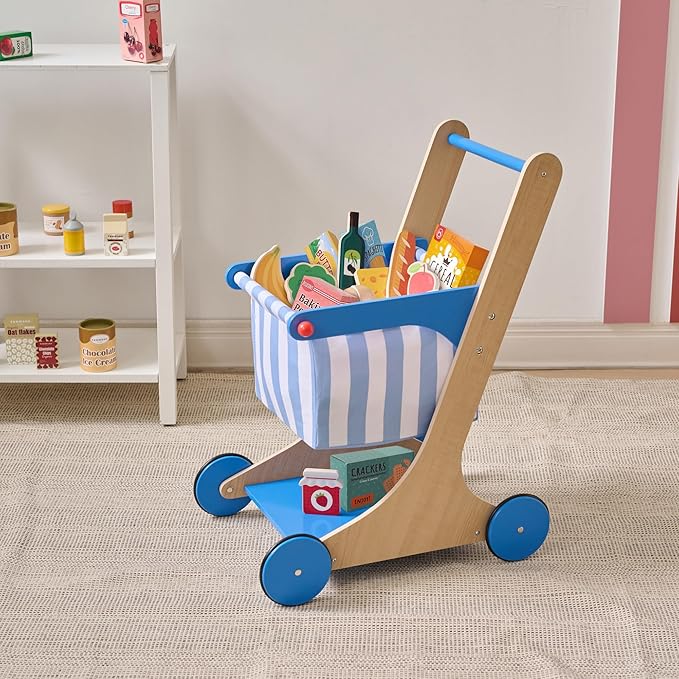 Teamson Kids Wooden Shopping Cart for Toddlers with 13 Pretend Grocery Accessories Push Walker Play Food Toy with Rolling Wheels Blue and White Striped Basket for Boys Girls Ages 3+ Safety Certified