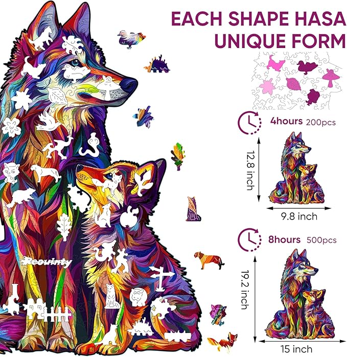 Wooden Puzzles for Adult, Wolf Family Jigsaw Puzzles 200 Pieces, Unique Shaped Animal Wood Adult Puzzle, Best Gifts for Adults and Kids Family Games 9.8 * 12.6inches