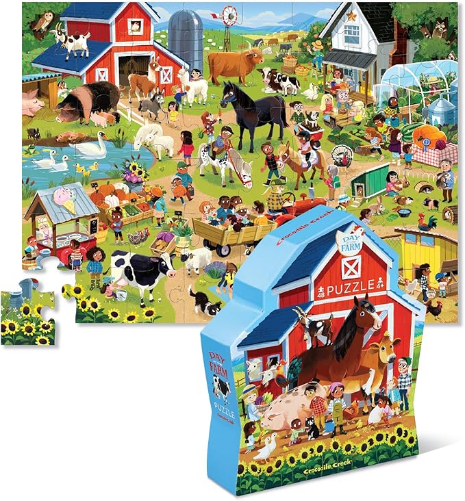 Crocodile Creek 48-Piece Jigsaw Floor Puzzle - Fun Floor Puzzles for Kids Ages 4-8 - Heavy-Duty Shaped Box for Storage - Day at The Farm - 18 x 24 inches Finished