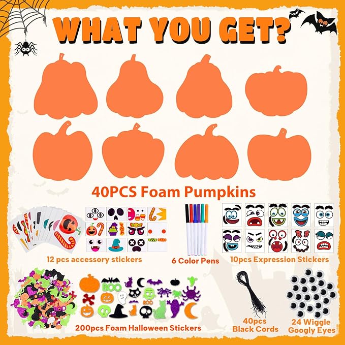 Max Fun 332PCS Halloween Crafts for Kids, Halloween Activities Foam Pumpkins for Crafts Stickers Gift Kits, DIY Art and Craft Set for Holiday Classroom Decorations Party Favors Supplies