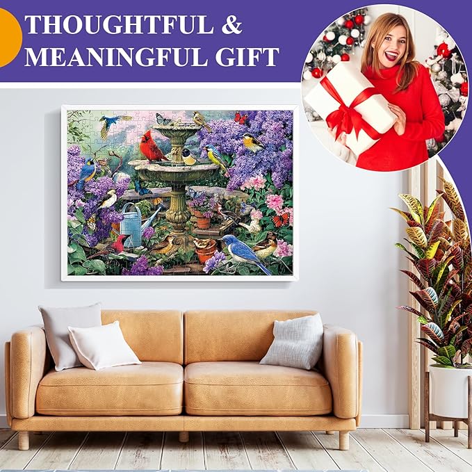 300 Piece Puzzles for Adults, Garden Birds Bath Puzzle for Adults Kids Seniors,Large Piece Fountain Garden Puzzle for Kids Ages 8-10 10-12,Nature Flower Birds Puzzles Perfect for Game Night,20.5x15 in