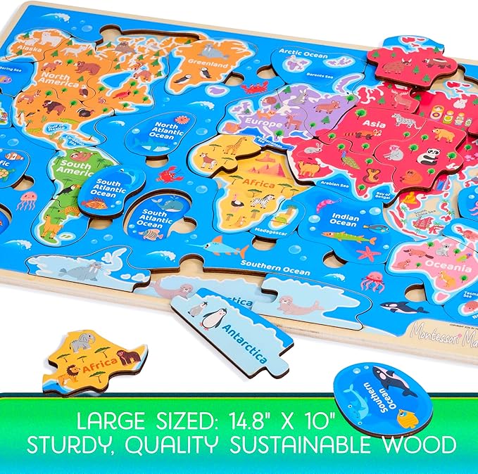 Montessori Mama World Map Wooden Puzzle, Continents and Oceans Puzzles for Kids Ages 4-6. Perfect Educational Toys for 4 Year Old Including Global Landmarks, Animals and Marine Life