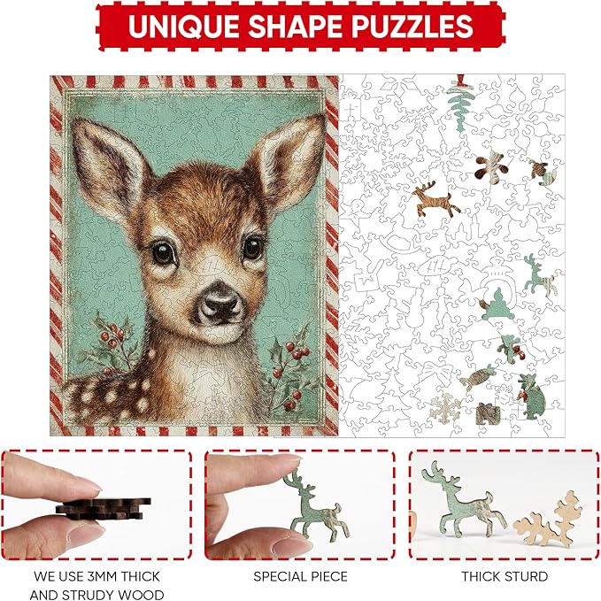 Christmas Deer Wooden Puzzles for Adults - 500 Pcs,13.3"×16.7", Picture Frame Fawn Educational Holiday Puzzle with Special Shapes, Stress Relief Family Game Night & Home Decor