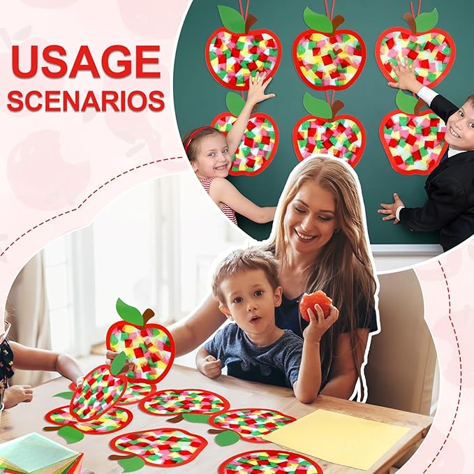 Qyeahkj 36 Set Fall Apple Suncatchers Crafts for Kids DIY Autumn Apple Window Tissue Paper Craft Kit Hanging Decor for Back to School Home Activity Art Project Birthday Party Favor Gift