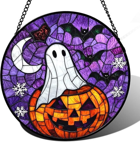 Stained Glass Window Hanging Halloween Horror Pumpkin 11.8" - Suncatcher Door Garden Sunroom Gothic Style Ghost Bat Sun Catcher Birthday for Friend Mom Men Woman Nana