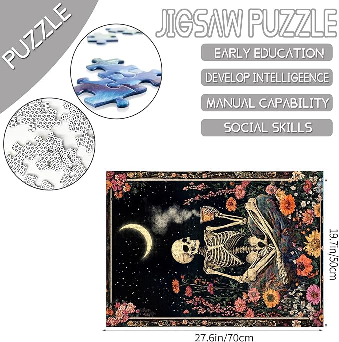 Tucocoo Human Skeleton Jigsaw Puzzles for Adults 1000 Pieces, Whimsical Skull Flowers Boho Art Puzzle Colorful DIY Craft Puzzles for Home Decoration Gifts, Family Puzzle Perfect for Game Nights
