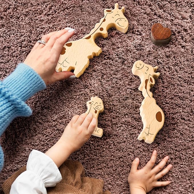 Wooden Giraffe Family Puzzle Games, Personalized 4 Name Puzzle for Home Crafts Decor, House Warming Birthday Party Gifts for Mom Dad Grandma Kids New Baby, Wooden Bear Family