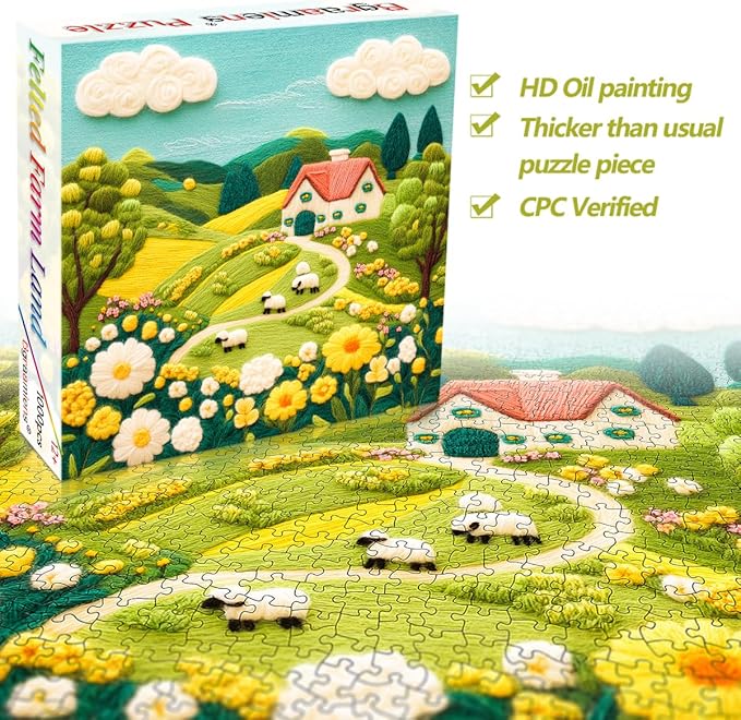 Bgraamiens -Felted Farm Land-1000 Pieces Farm Land Puzzle for Adults,Whimsical Embroidery Art Design, Flowers Art Puzzle