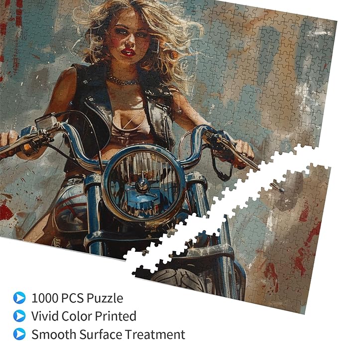 Women's Motorcycle-Themed Jigsaw Puzzle, 1000 Pieces, Retro Styles, Eco-Friendly Wooden Puzzle, Ages 14+