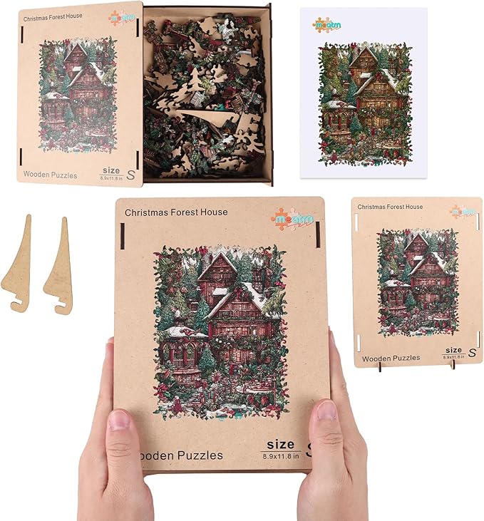 Christmas Forest House Wooden Jigsaw Puzzle for Adults - 200 Pcs, 8.9'' x 11.8'', Educational Wood Puzzle, Family Game, Brain Teaser Gift for Boys & Girls, Beautiful Packaging