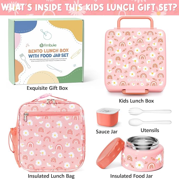 Fimibuke Bento lunch Box Set for Kids Adult with 8oz Thermos Food Jar, Insulated Lunch Bag &Sauce Cup, Leakproof Dishwasher Safe Toddler Lunch Food Container with 3-4 Compartment for School Girls Boys